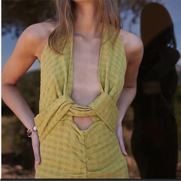 New Free People Nya Halter Maxi Dress Lime Green Twist Cut Out Linen Sz S - Picture 3 of 14